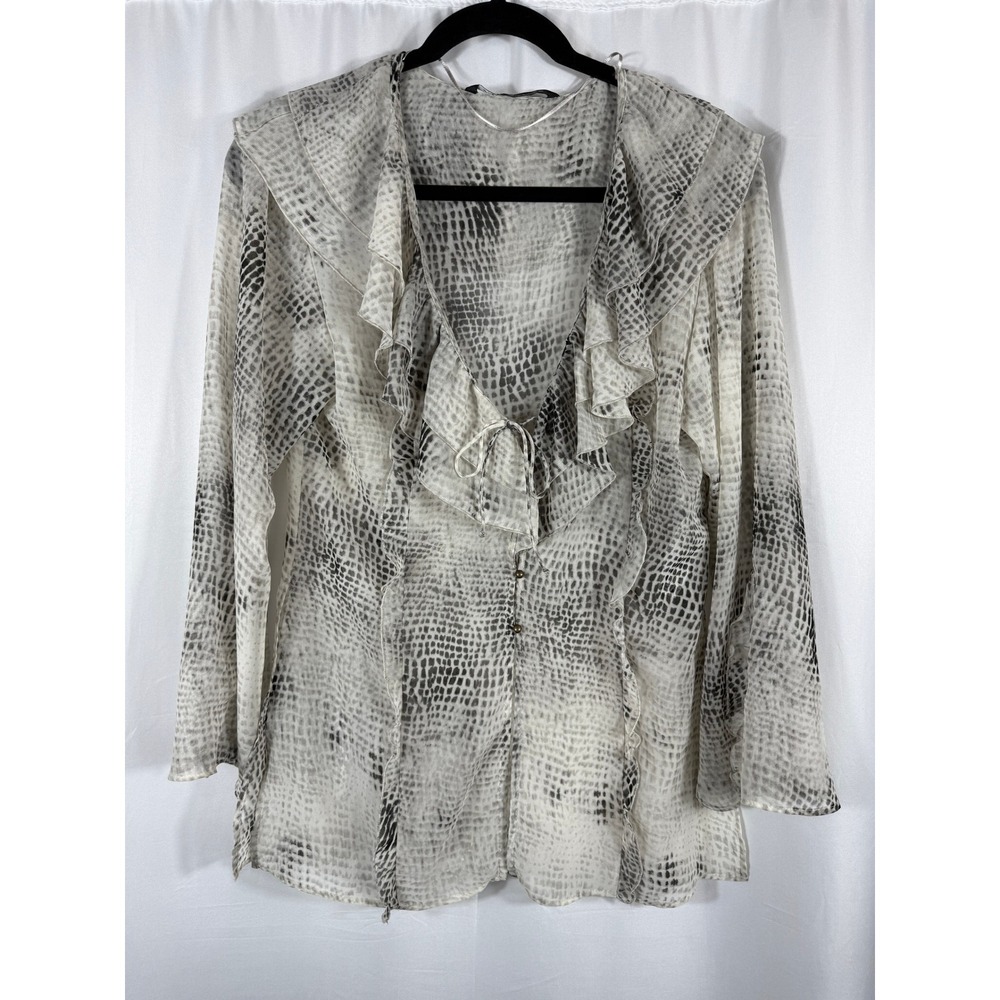 Zara Womens Grey Snakeskin Print Ruffle Tie Front Sheer Blouse Top Medium‎